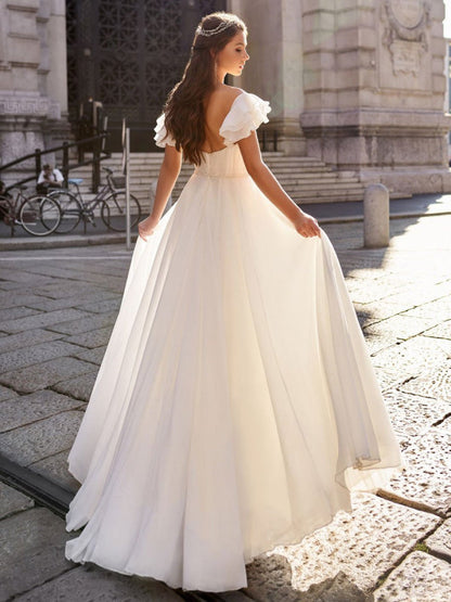 Simple Wedding Dress A Line Off The Shoulder Natural Waistline Chiffon Bridal Gowns