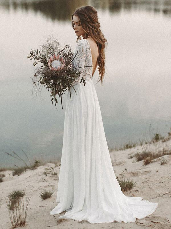Simple Wedding Dress A Line V Neck Long Sleeve Floor Length Chiffon Lace Beach Wedding Dresses
