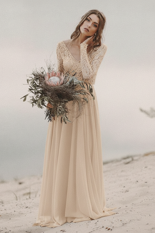 Simple Wedding Dress A Line V Neck Long Sleeve Floor Length Chiffon Lace Beach Wedding Dresses