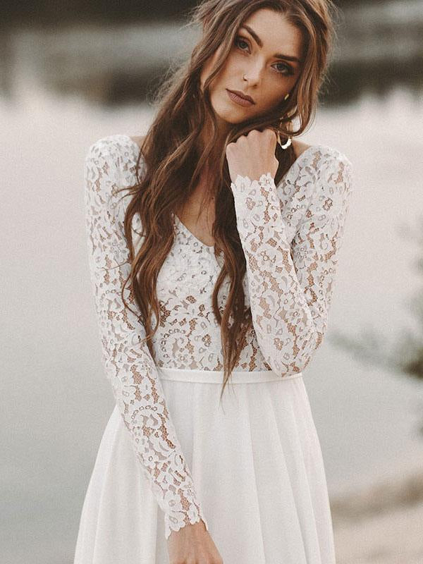 Simple Wedding Dress A Line V Neck Long Sleeve Floor Length Chiffon Lace Beach Wedding Dresses
