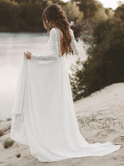 Simple Wedding Dress A Line V Neck Long Sleeve Floor Length Chiffon Lace Beach Wedding Dresses