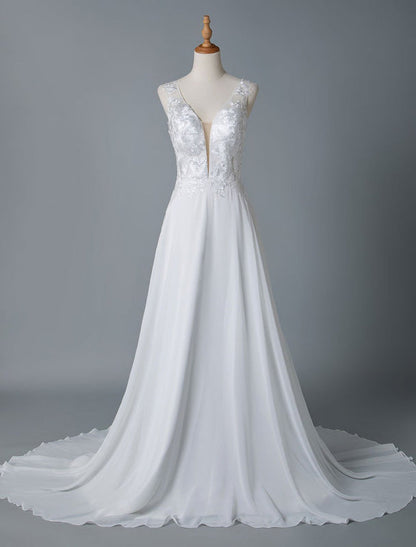 Simple Wedding Dress A Line V Neck Sleeveless Lace Illusion Back Bridal Gowns