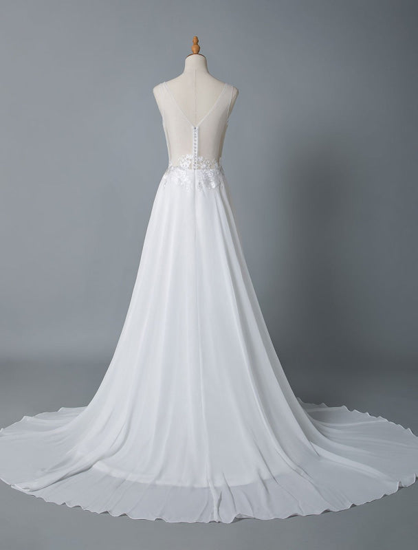 Simple Wedding Dress A Line V Neck Sleeveless Lace Illusion Back Bridal Gowns