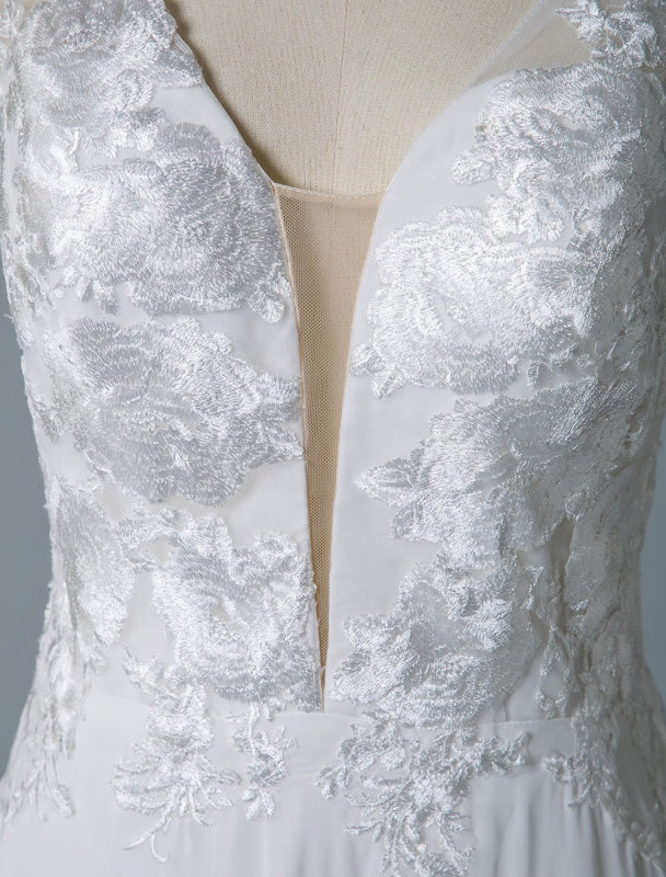 Simple Wedding Dress A Line V Neck Sleeveless Lace Illusion Back Bridal Gowns