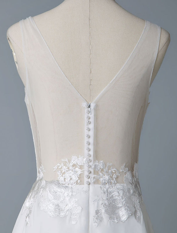 Simple Wedding Dress A Line V Neck Sleeveless Lace Illusion Back Bridal Gowns