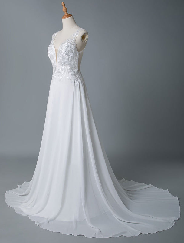 Simple Wedding Dress A Line V Neck Sleeveless Lace Illusion Back Bridal Gowns