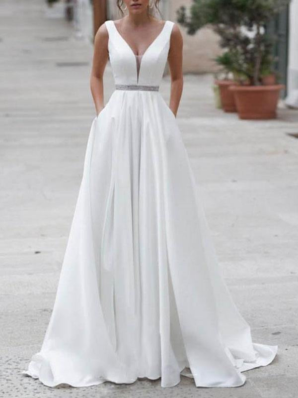 Simple Wedding Dress A Line V Neck Sleeveless Sash Bridal Dresses With Train