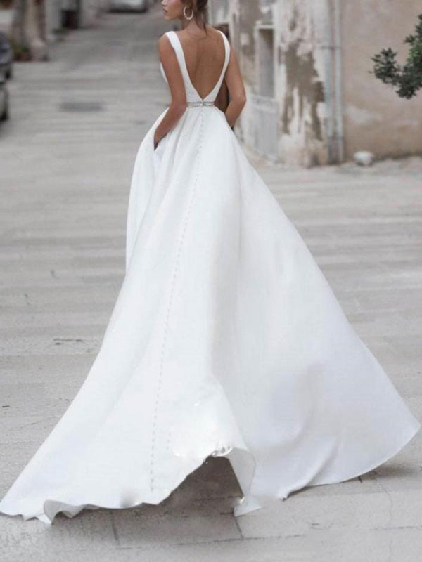 Simple Wedding Dress A Line V Neck Sleeveless Sash Bridal Dresses With Train