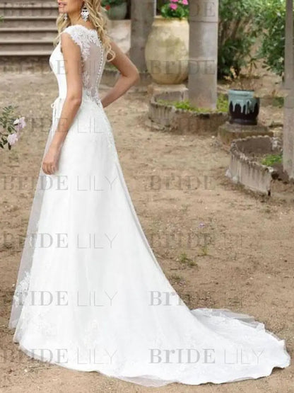 Simple Wedding Dress A Line V Neck Sleeveless Sash Bridal Gowns With Train