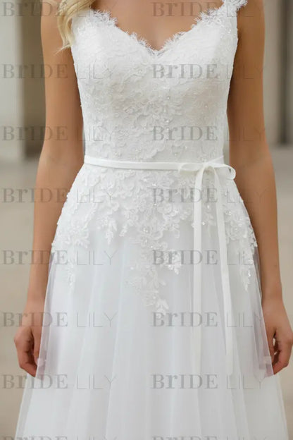 Simple Wedding Dress A Line V Neck Sleeveless Sash Bridal Gowns With Train