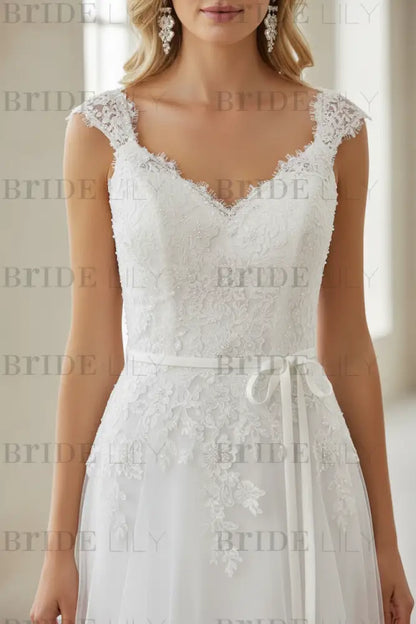 Simple Wedding Dress A Line V Neck Sleeveless Sash Bridal Gowns With Train