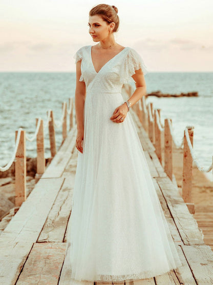 Simple Wedding Dress A Lne V Neck Short Sleeve Floor Length Tulle Beach Wedding Party Dresses Bridal Gowns