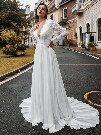 Simple Wedding Dress Chiffon V Neck Long Sleeves Lace A Line Bridal Dresses With Train
