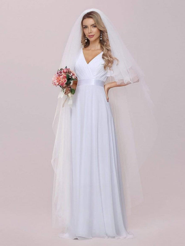 Simple Wedding Dress Chiffon V-Neck Short Sleeves Backless A-Line Long Bridal Gowns