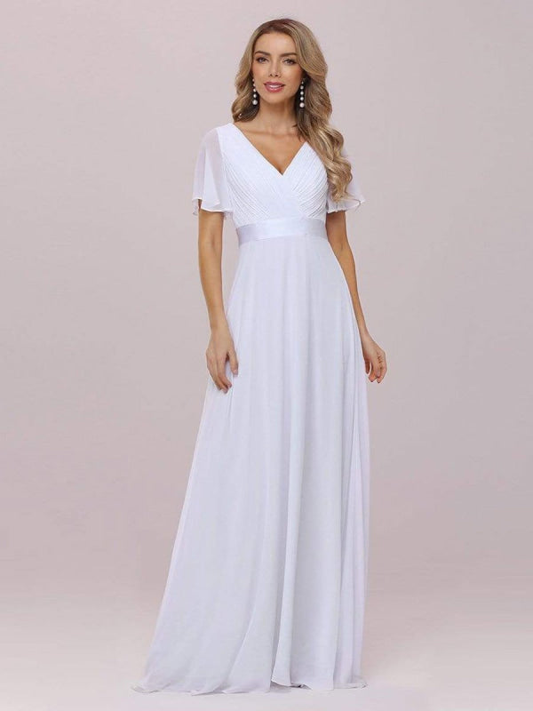 Simple Wedding Dress Chiffon V-Neck Short Sleeves Backless A-Line Long Bridal Gowns