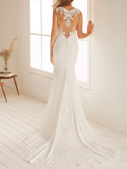Simple Wedding Dress Mermaid Chiffon Jewel Neck Sleeveless Beach Bridal Gown With Court Train