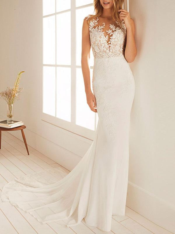 Simple Wedding Dress Mermaid Chiffon Jewel Neck Sleeveless Beach Bridal Gown With Court Train