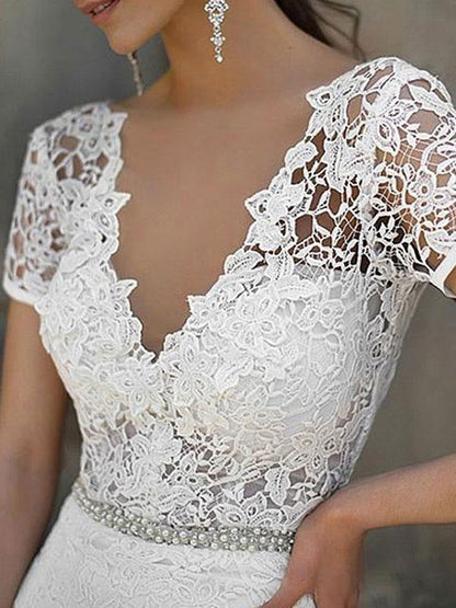 Lace V Neck Wedding Dress Mermaid Short Sleeves Beaded Bridal Dresses With Sash