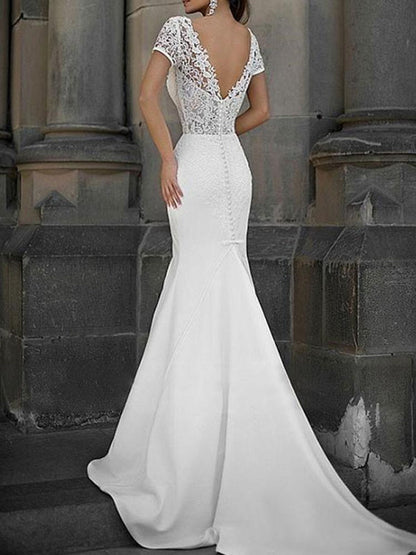 Lace V Neck Wedding Dress Mermaid Short Sleeves Beaded Bridal Dresses With Sash