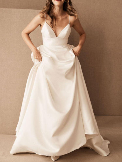 Simple Wedding Dress Satin V Neck Sleeveless A Line Bridal Gowns with Pockets