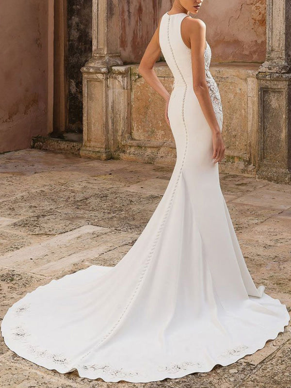 Simple Wedding Dress Spandex Jewel Neck Sleeveless Lace Mermaid Bridal Dresses