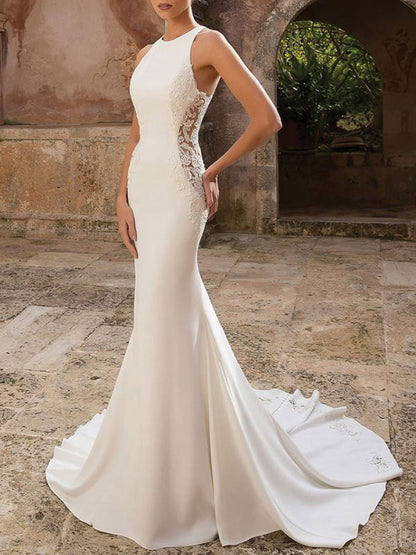 Simple Wedding Dress Spandex Jewel Neck Sleeveless Lace Mermaid Bridal Dresses