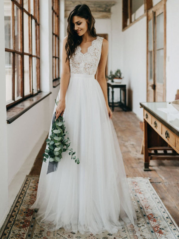 Simple Wedding Dress Tulle A Line V Neck Sleeveless Lace Floor Length Bridal Dresses