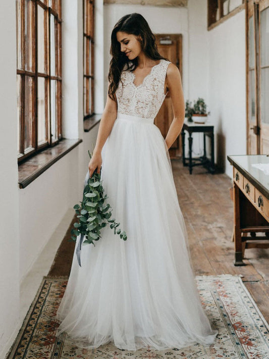 Simple Wedding Dress Tulle A Line V Neck Sleeveless Lace Floor Length Bridal Dresses