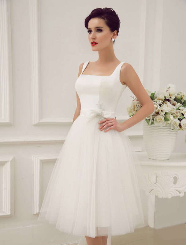 Simple Wedding Dresses Satin Square Neck Applique Short Bridal Dress With Beading Bow Sash Exclusive