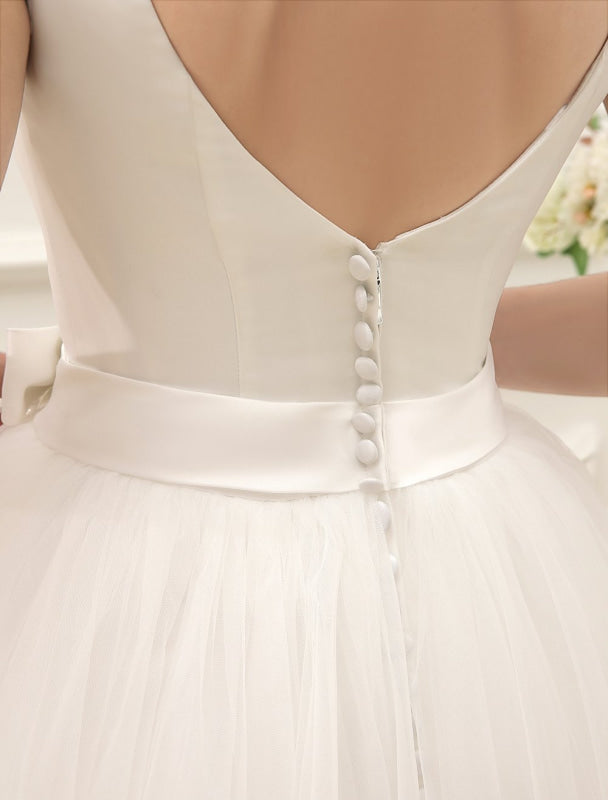 Simple Wedding Dresses Satin Square Neck Applique Short Bridal Dress With Beading Bow Sash Exclusive