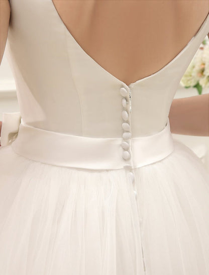 Simple Wedding Dresses Satin Square Neck Applique Short Bridal Dress With Beading Bow Sash Exclusive