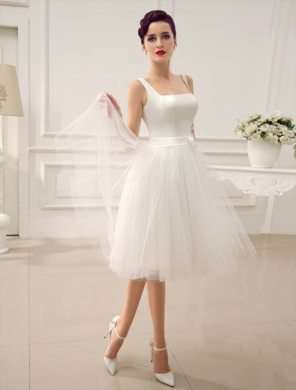 Simple Wedding Dresses Satin Square Neck Applique Short Bridal Dress With Beading Bow Sash Exclusive