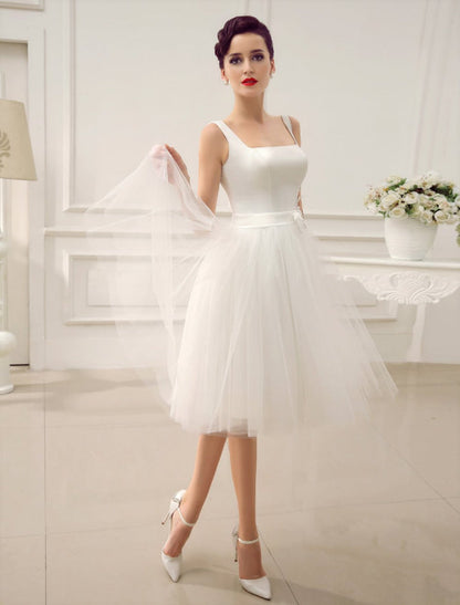 Simple Wedding Dresses Satin Square Neck Applique Short Bridal Dress With Beading Bow Sash Exclusive