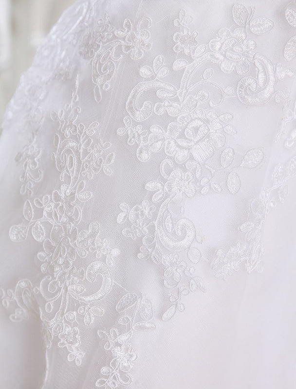 Simple Wedding Dresses Short Lace Applique Illusion Half Sleeve Tea Length Bridal Dress