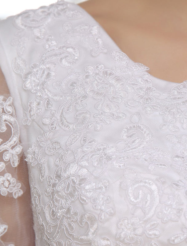 Simple Wedding Dresses Short Lace Applique Illusion Half Sleeve Tea Length Bridal Dress