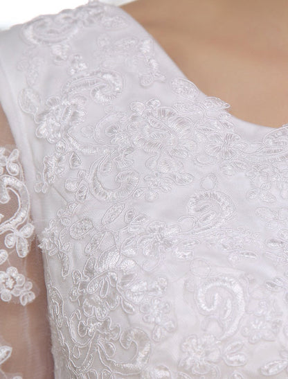 Simple Wedding Dresses Short Lace Applique Illusion Half Sleeve Tea Length Bridal Dress
