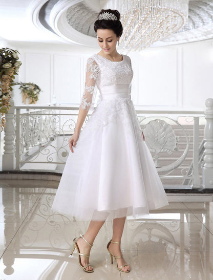 Simple Wedding Dresses Short Lace Applique Illusion Half Sleeve Tea Length Bridal Dress