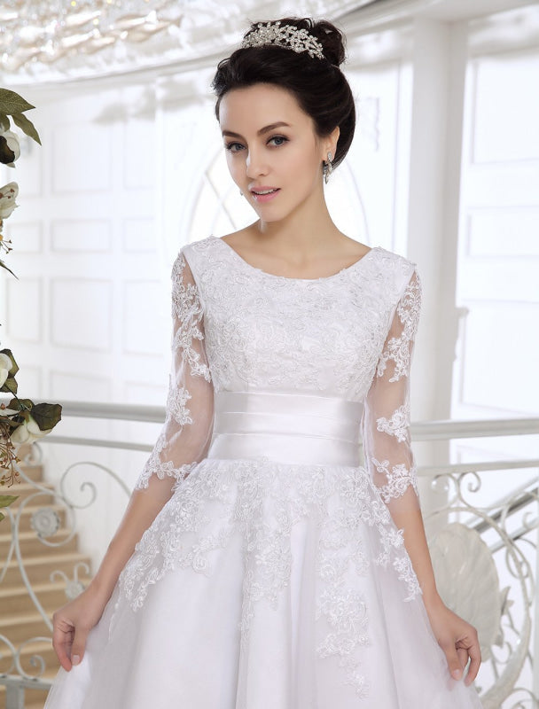 Simple Wedding Dresses Short Lace Applique Illusion Half Sleeve Tea Length Bridal Dress