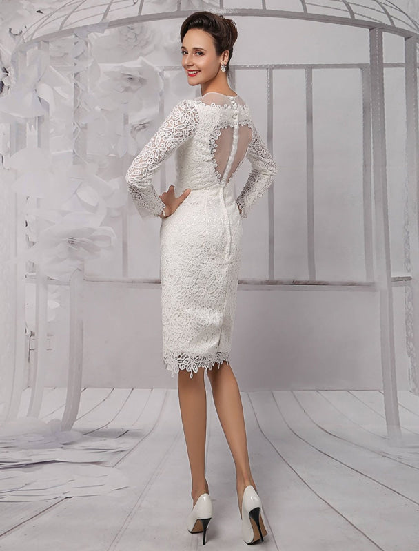 Simple Wedding Dresses Short Long Sleeves Knee Length Sheath Bridal Dress