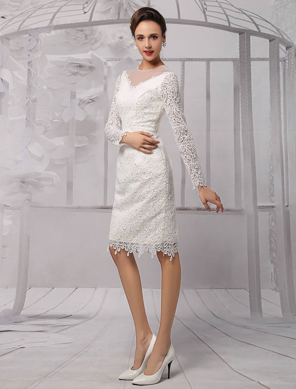Simple Wedding Dresses Short Long Sleeves Knee Length Sheath Bridal Dress