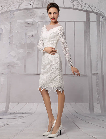 Simple Wedding Dresses Short Long Sleeves Knee Length Sheath Bridal Dress