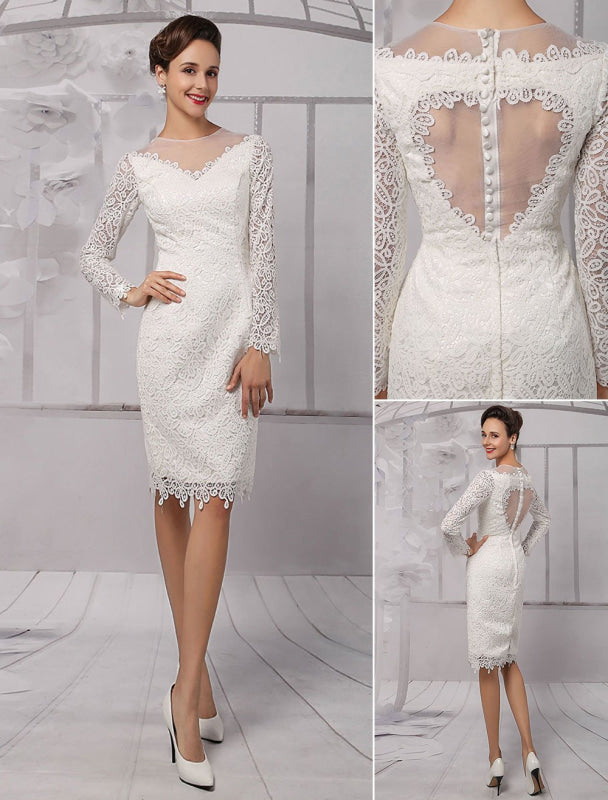 Simple Wedding Dresses Short Long Sleeves Knee Length Sheath Bridal Dress