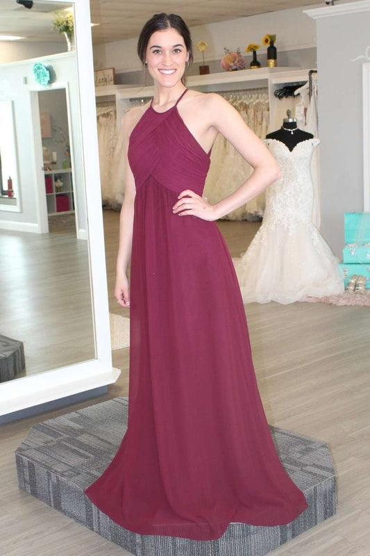 Burgundy Halter A-Line Bridesmaid Dress