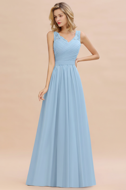 Modest Floral Lace A-line Bridesmaid Dress V-Neck Ruched Chiffon Wedding Guest Dress