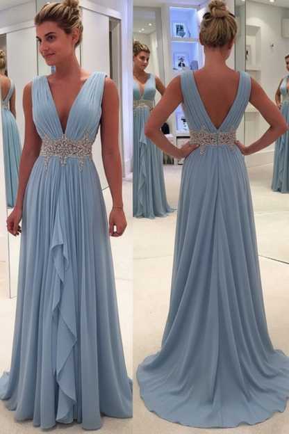 Sky Blue A Line Deep Neck Sleeveless V Back Beading Pleats Chiffon Long Prom Dress