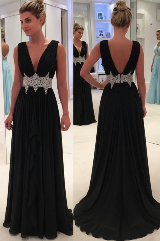 Sky Blue A Line Deep Neck Sleeveless V Back Beading Pleats Chiffon Long Prom Dress