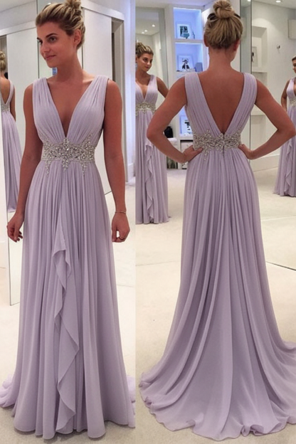 Sky Blue A Line Deep Neck Sleeveless V Back Beading Pleats Chiffon Long Prom Dress