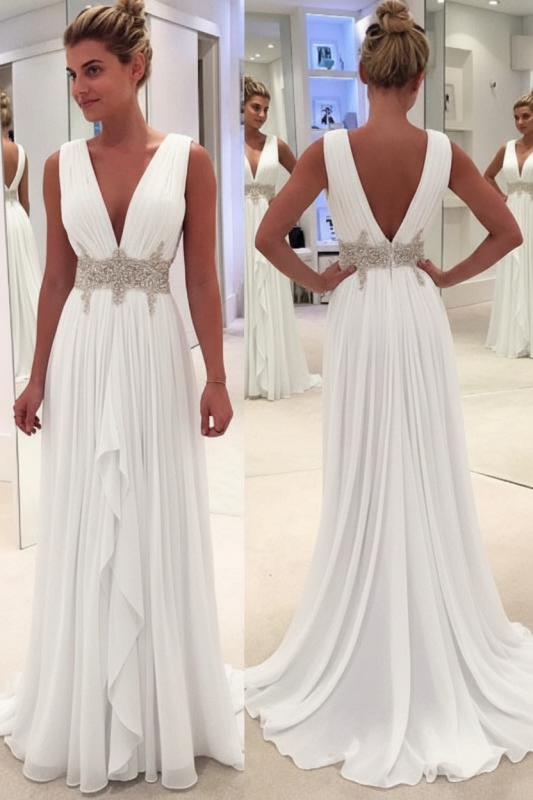 Sky Blue A Line Deep Neck Sleeveless V Back Beading Pleats Chiffon Long Prom Dress