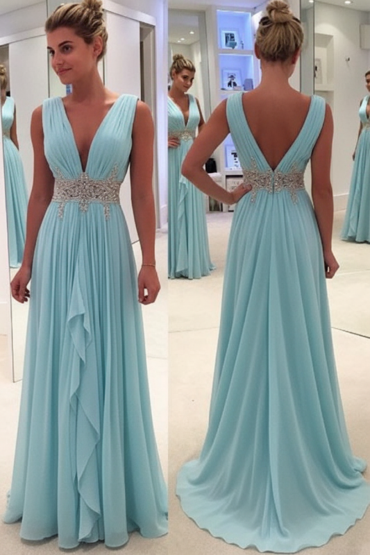 Sky Blue A Line Deep Neck Sleeveless V Back Beading Pleats Chiffon Long Prom Dress