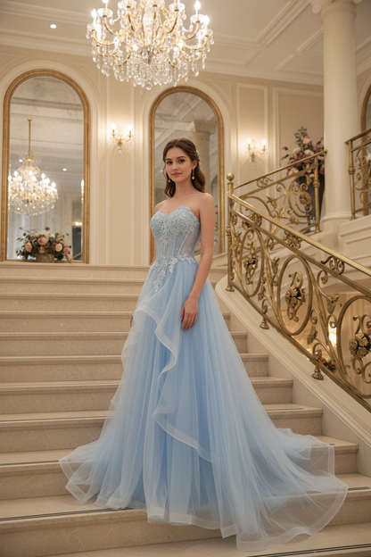 Lace-up Appliques Tulle Long A-line Prom Dress Sky Blue Evening Dress